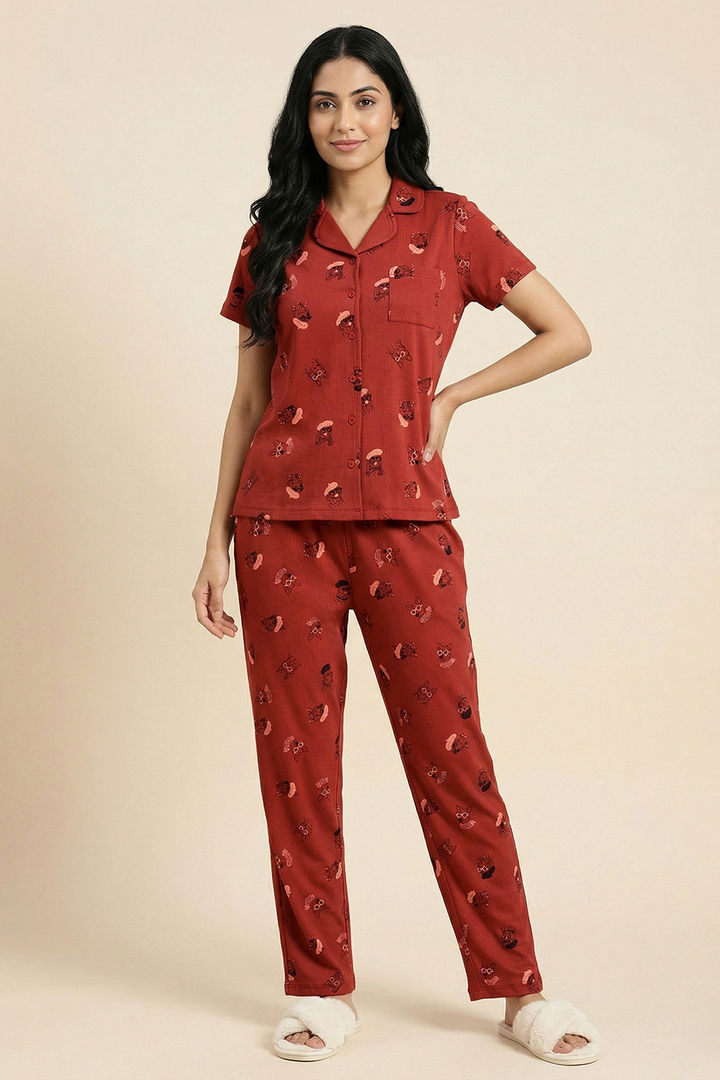 Zivame Farm Lore Knit Cotton Pyjama Set - Burnt Brick — image 2
